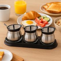 Conjunto Pote 3 Unidades Condimentos Vidro Recipiente Inox Suporte Colher Conserva Vasilha Tempero