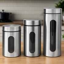 Conjunto Pote de Inox com Visor Vítreo 1L, 1,3L e 1,8L Conjunto Pote de Inox com Visor Vítreo 1L, 1,3L e 1,8L