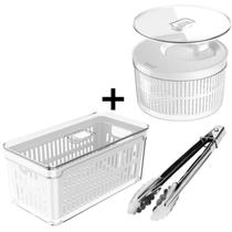 Conjunto Pote Organizador de Geladeira OU 5L+Centrífuga 5em1 Secador de Saladas Giratório+Pegador de Salada Inox Pinça Conjunto Pote Organizador de Geladeira OU 5L+Centrífuga 5em1 Secador de Saladas Giratório+Pegador de Salada Inox Pinça