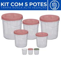 Conjunto Potes Plástico p/ Mantimentos c/ Tampa Rosca 5 Pçs