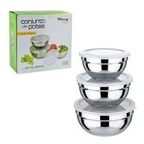 Conjunto Potes Vasilha Inox Com Tampa Redonda Cozinha 3pçs Conjunto Potes Vasilha Inox Com Tampa Redonda Cozinha 3pçs