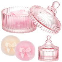 Conjunto Powder Puff Tioncy, 3 unidades com recipiente de cristal rosa