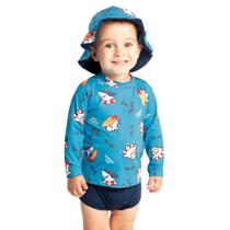 Conjunto Praia Bebê e Infantil Proteção UV com Chapéu Tubarão de Férias Marinho Diju