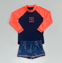 Conjunto Praia Divertto UV Manga Longa Azul/Laranja e Sunga Coqueiros
