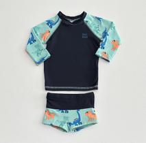 Conjunto Praia G/3 Luc.Boo Camiseta Manga Longa Azul Marinho e Sunga Dinossauros