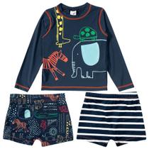 Conjunto Praia Infantil Camiseta e 2 Sungas Boxer Safari Marinho Tip Top