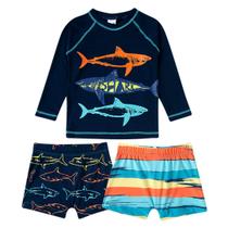 Conjunto Praia Infantil Camiseta e 2 Sungas Tubarão Colorido Marinho Tip Top