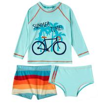 Conjunto Praia Infantil Camiseta Sunga e Shorts Praia Trailer Verde Água Tip Top