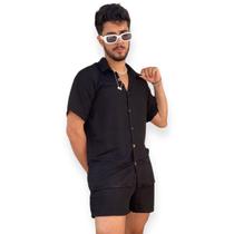 Conjunto Praia Masculino Camisa + Short Preto Tecido Premium