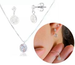 Conjunto Prata 925 Colar e Brinco com Deslumbrantes Zircônias Cristal! Rf. 047 Conjunto Prata 925 Colar e Brinco com Deslumbrantes Zircônias Cristal! Rf. 047