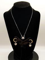 Conjunto Prata 925: Colar Pedra Natural Pendulo & Brincos Lua Quartzo Rosa