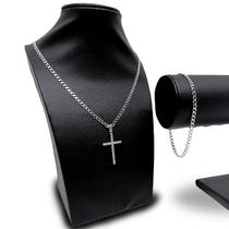 Conjunto Prata 925 Corrente Grumet 3mm + Pulseira + Pingente Cruz Cravejado Crucifixo Luxo Masculino