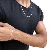 Conjunto Prata Masculina 60Cm 2Mme Pulseira Italiana 3Mm