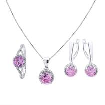 Conjunto prata rodinada zirconia rosa