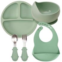 Conjunto Pratinho Bowl Babador Colher E Garfo Verde Em Silicone E Inox Buba