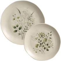 Conjunto Prato Raso 26,5cm e Prato de Sobremesa 19,5cm Cerâmica Orgânico Ammi Floral Porto Brasil