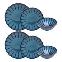 Conjunto Pratos E Bowls Azul Scallop Cerâmica Raso Sobremesa Conjunto Pratos E Bowls Azul Scallop Cerâmica Raso Sobremesa