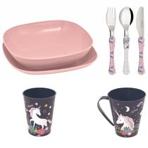 Conjunto pratos, talheres, copo, caneca infantil- Unicornio