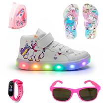 Conjunto Premium com Tênis Unicórnio para Meninas Led no Solado + Mochila de Ombros + Relógio Digital + Chinelo Leve e Macio + Óculos Escuros