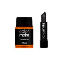 Conjunto Preto/Laranja Pintura Facial Batom Com Tinta Líquida Maquiagem Artística - Colormake