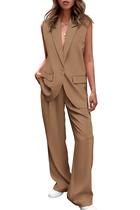 Conjunto PRETTYGARDEN Colete Sem Mangas Calça Pantalona Caqui G Conjunto PRETTYGARDEN Colete Sem Mangas Calça Pantalona Caqui G