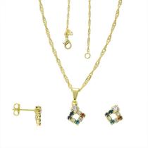 Conjunto PRI Style Folheado A Ouro 18K Antialérgico De Losango Com Strass Multicolorido
