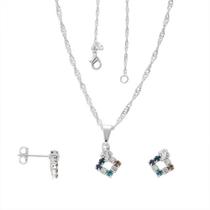 Conjunto PRI Style Folheado A Prata Antialérgico De Losango Com Strass Multicolorido
