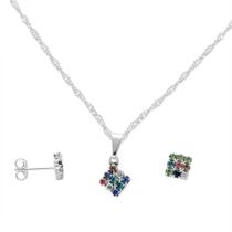 Conjunto PRI Style Folheado A Prata Antialérgico De Losango Multicolorido Com Strass