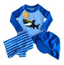Conjunto Proteção Uv50 Infantil Blusa Sunga E Chapéu Shark