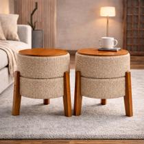 Conjunto Puff Banqueta Soft Bouclé Redondo Pés Madeira Mesa de Apoio 2 em 1