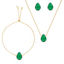 Conjunto Pulseira Brinco Colar Verde Esmeralda Folheado Ouro