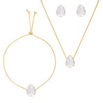 Conjunto Pulseira Brinco E Colar Gota Cristal Folheado Ouro Conjunto Pulseira Brinco E Colar Gota Cristal Folheado Ouro