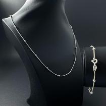 Conjunto Pulseira Colar Veneziana Prata 925 Feminina Bolinha Elo Cordão 45cm Bracelete 18cm Luxo Fino Elegante Delicada