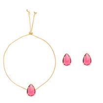 Conjunto Pulseira E Brinco Gota Pedra Pink Folheado A Ouro