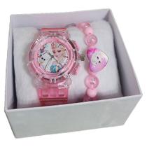 Conjunto Pulseira Relógio Analógico Led Princesa Elza Frozen