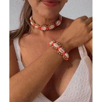 conjunto pulseiras e colares macrame buzios e perolas