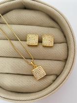 Conjunto quadrado cravejado - banhado a Prata / Ouro 18k Banho:Prata Conjunto quadrado cravejado - banhado a Prata / Ouro 18k Banho:Prata