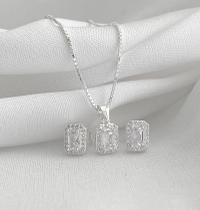 Conjunto Quadrado Zircônia Branca Prata 925