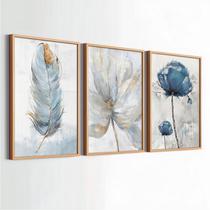Conjunto Quadro Decorativo Floral Para Sala Moderno Moldura Abstrato