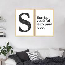 Conjunto Quadro Decorativo Letra S, Frase Sorria Moldura Caixa, Marfim