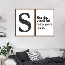 Conjunto Quadro Decorativo Letra S, Frase Sorria Moldura Caixa, Marrom Cafe