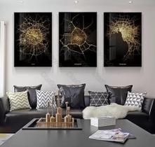 Conjunto Quadro Decorativo Mapas com linhas douradas "