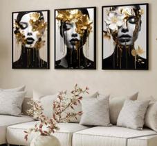 Conjunto Quadro Decorativos Mulher Flores Douradas Gold"