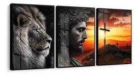 Conjunto Quadro Leão Jesus Cristo Cruz"