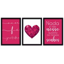 Conjunto Quadros Decorativos 3 peças 20x30 Coração Rosa