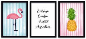 Conjunto Quadros Decorativos 3 peças 40x60 Flamingo Abacaxi