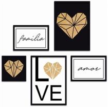 Conjunto Quadros Decorativos 5 Peças Família Coração Titulo Moldura Preta Conjunto Quadros Decorativos 5 Peças Família Coração Titulo Moldura Preta