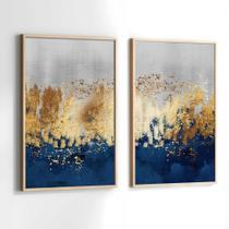 Conjunto Quadros Decorativos com Moldura Abstrato Azul Dourado Cinza Kit 2 Quadros 30x40 Decoração