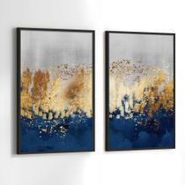 Conjunto Quadros Decorativos com Moldura Abstrato Azul Dourado Cinza Kit 2 Quadros 30x40 Decoração