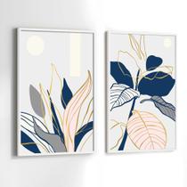 Conjunto Quadros Decorativos com Moldura Abstrato Folhas Azul Dourado Rosa Kit 2 Quadros 130x90 Decoração